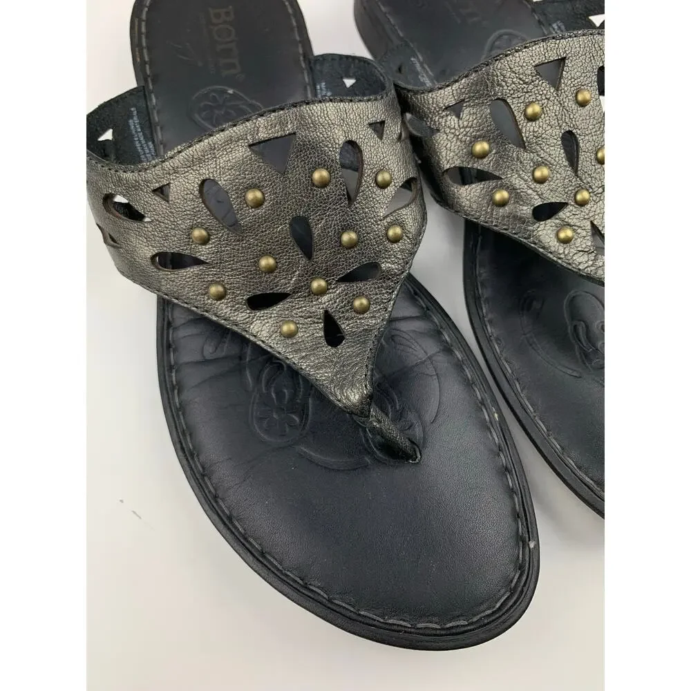 Born Akala Thong Sandals Metallic Pewter Leather Studded Boho Women's 8